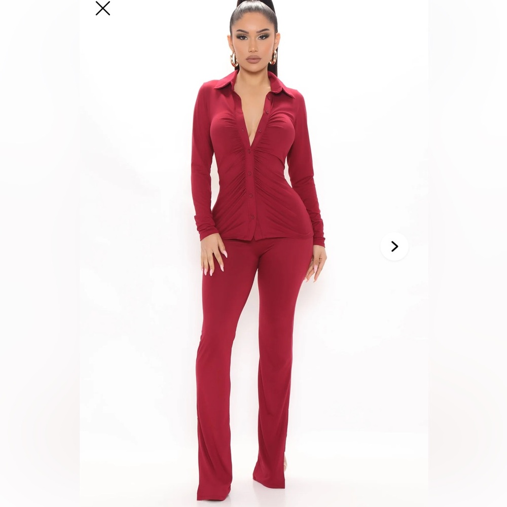 Fashion Nova Just You and I Pant Set Burgundy Soft Stretchy Ruched Top Med NWT